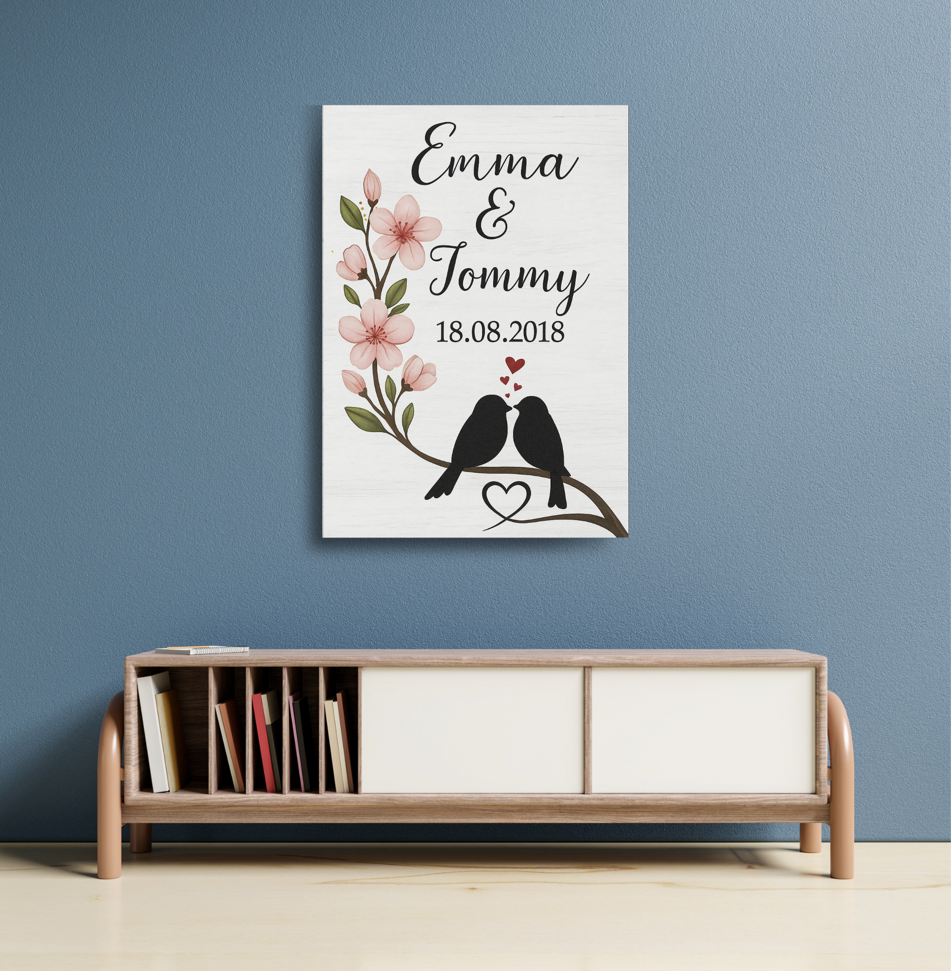 Personalised Couple Canvas – Hand-Painted Lovebirds Design with Names & Date (A3)