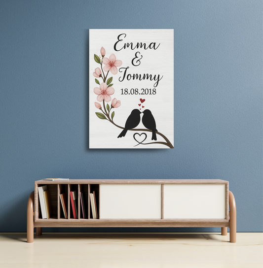 Personalised Couple Canvas – Hand-Painted Lovebirds Design with Names & Date (A3)